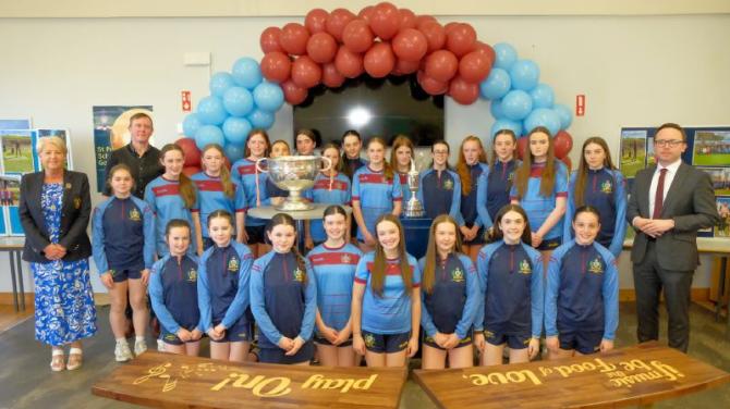 Claret Jug and Sam Maguire trophy in Keady School visit